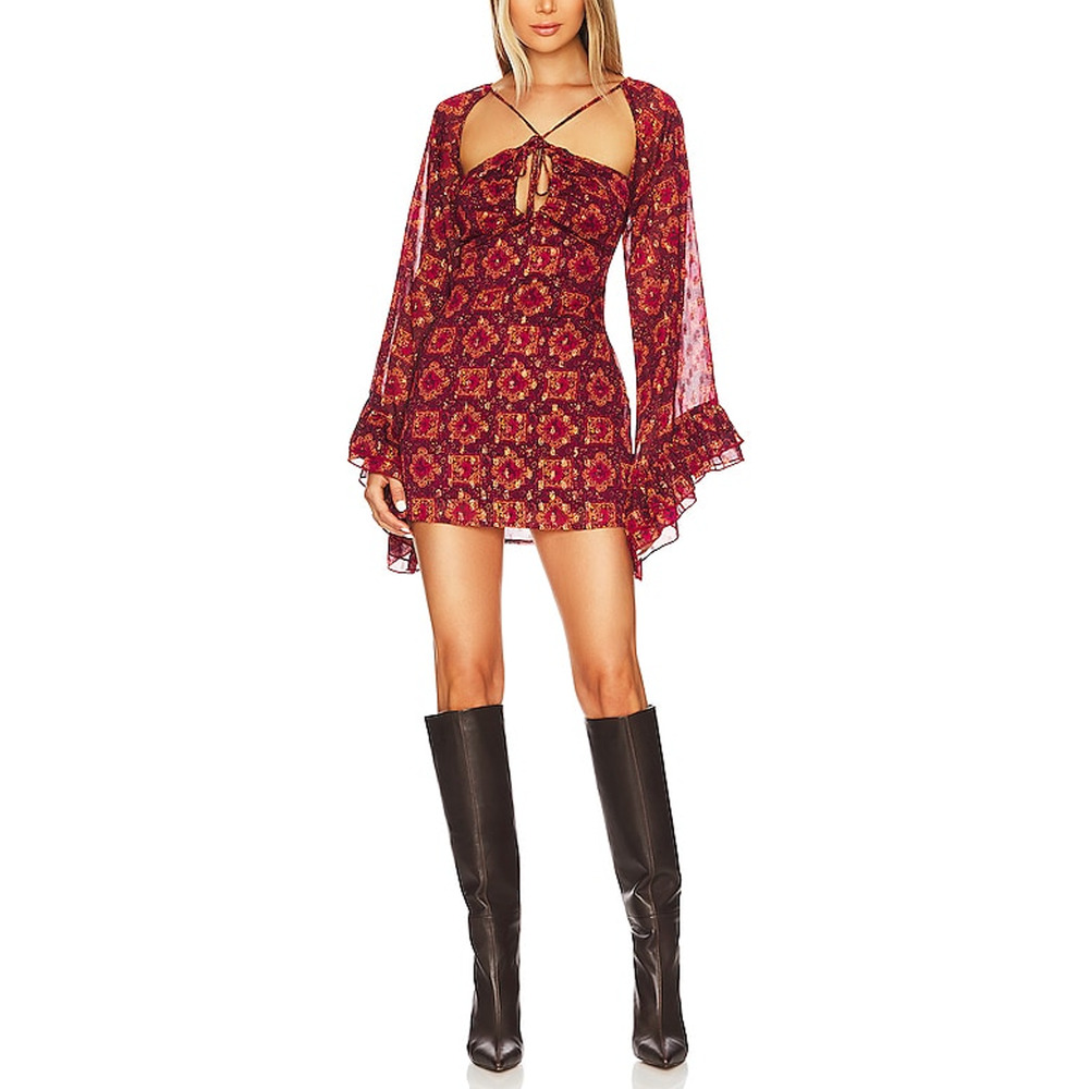 Floral Tie-Front Mini Dress in Burgundy